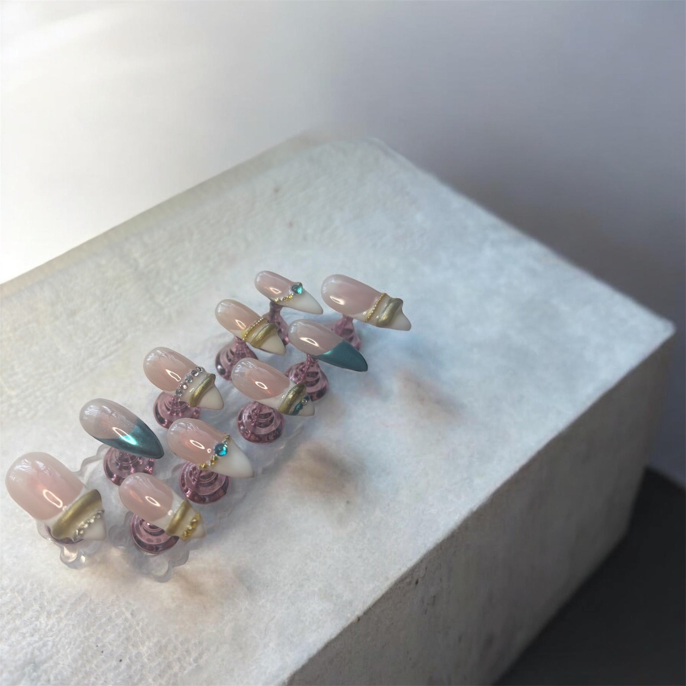 3D Gold bangles & Teal Gemstone Press On Nails