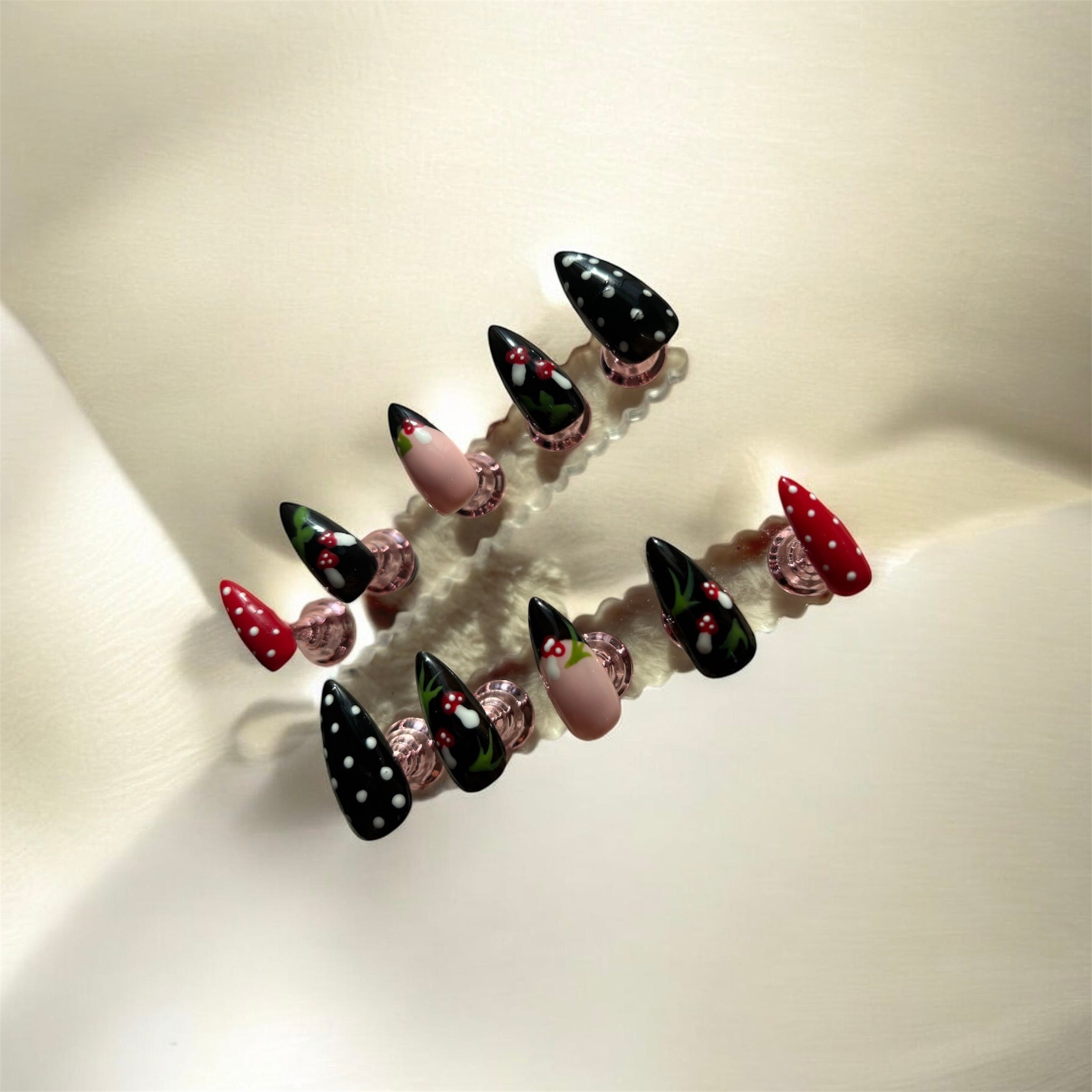 Midnight Meadow | Hand Painted Mushroom & Polka Dot Press On Nails
