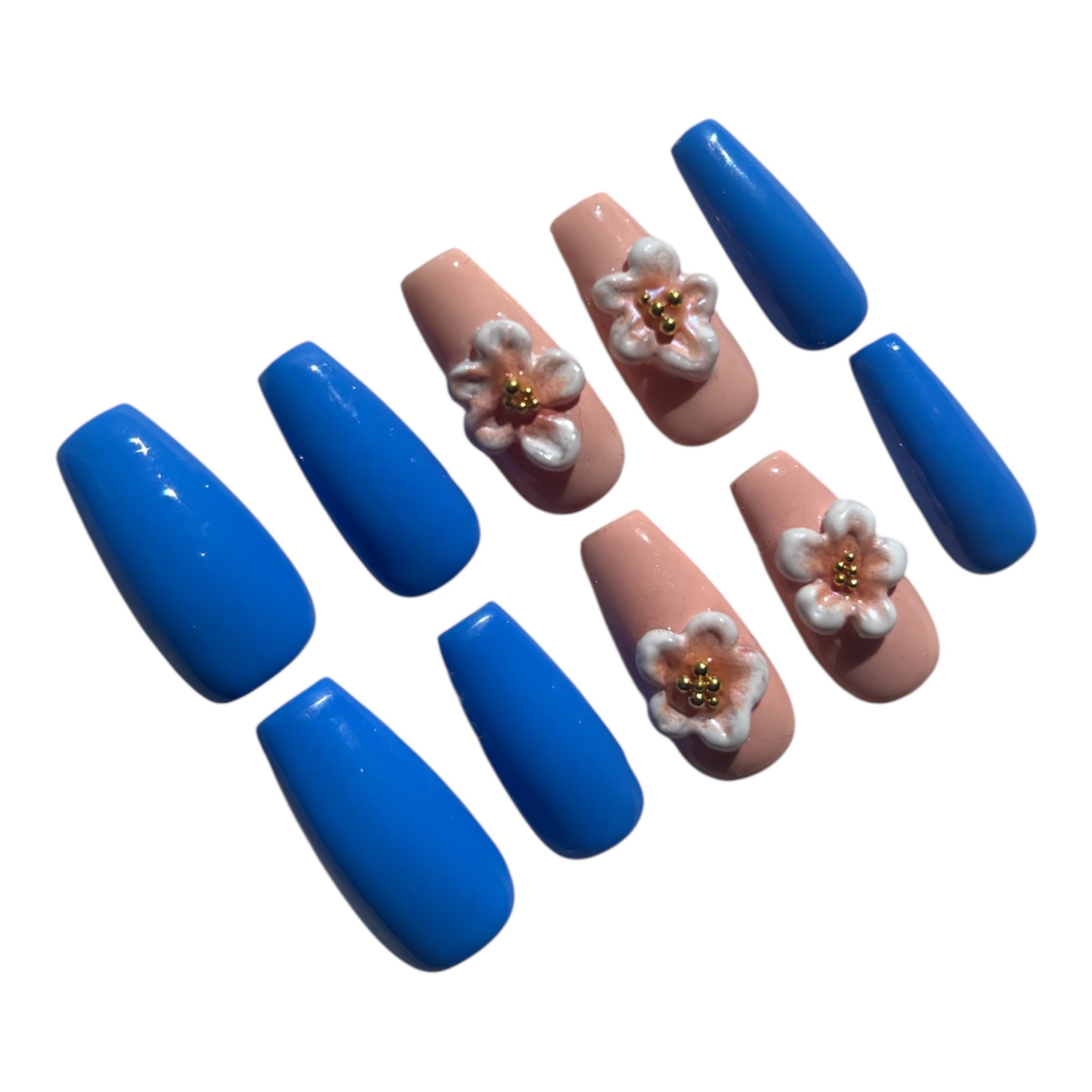 Azure Bloom | Handcrafted 3D Floral Press On Nail Set